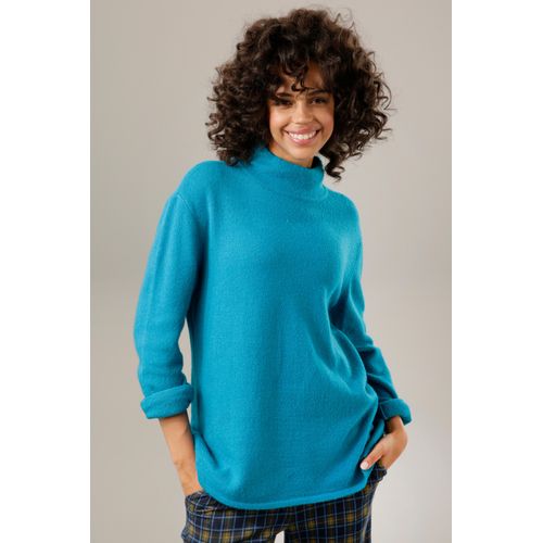 Strickpullover ANISTON CASUAL, Damen, Gr. 34, blau (petrol), Feinstrick, Obermaterial: 75% Polyacryl, 23% Polyamid, 2% Elasthan, unifarben, modisch, lässig geschnitten hüftbedeckend, Langarm Strickbündchen, Pullover, mit Stehkragen