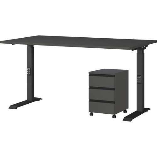 Büromöbel-Set GERMANIA, grau (graphit), B:195cm H:120cm T:80cm, Spanplatte, Metall, Kunststoff, Arbeitsmöbel-Sets, Set bestehend aus höhenverstellbarem Schreibtisch und Rollcontainer