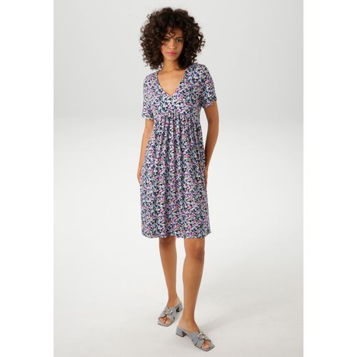 Sommerkleid ANISTON CASUAL, Damen, Gr. 48, N-Gr, bunt (schwarz, hellblau, royalblau, pink, rosa, grün, gelb, weiß, sand), Single Jersey, Obermaterial: 95% Viskose, 5% Elasthan, bedruckt, geblümt, feminin, figurumspielend kniefrei, V-Ausschnitt, Kurzarm, Kleider, mit farbenfrohen, grafischen Blümchen bedruckt - NEUE KOLLEKTION