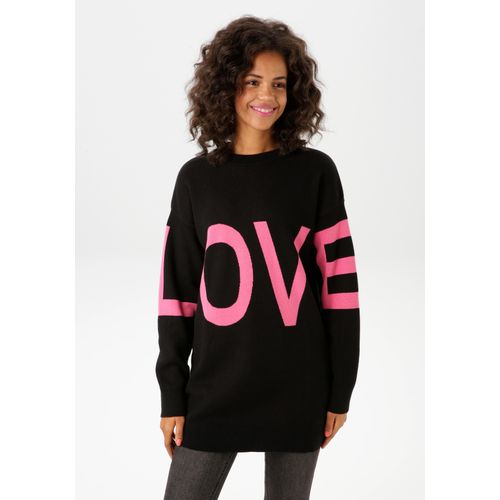 Strickpullover ANISTON CASUAL, Damen, Gr. 40, schwarz (schwarz, pink), Strick, Obermaterial: 100% Baumwolle, unifarben mit Farbeinsatz, casual, oversize Po-bedeckend, Rundhals, Langarm Strickbündchen, Pullover, mit eingestricktem LOVE-Schriftzug - NEUE KOLLEKTION