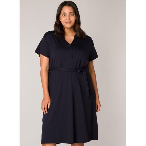 Sommerkleid BASE LEVEL CURVY, Damen, Gr. 52, N-Gr, blau (dunkelblau), Web, Obermaterial: 65% Viskose, 30% Nylon, 5% Elasthan, unifarben, casual, knielang, V-Ausschnitt, Kurzarm, Kleider, mit Bindegürtel