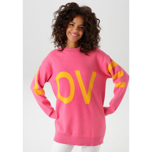 Strickpullover ANISTON CASUAL, Damen, Gr. 42, pink (pink, hellorange), Strick, Obermaterial: 100% Baumwolle, unifarben mit Farbeinsatz, casual, oversize Po-bedeckend, Rundhals, Langarm Strickbündchen, Pullover, mit eingestricktem LOVE-Schriftzug - NEUE KOLLEKTION