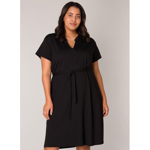 Sommerkleid BASE LEVEL CURVY, Damen, Gr. 46, N-Gr, schwarz, Web, Obermaterial: 65% Viskose, 30% Nylon, 5% Elasthan, unifarben, casual, knielang, V-Ausschnitt, Kurzarm, Kleider, mit Bindegürtel