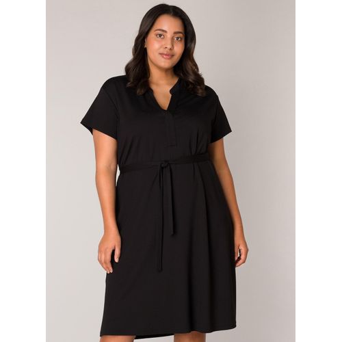 Sommerkleid BASE LEVEL CURVY, Damen, Gr. 50, N-Gr, schwarz, Web, Obermaterial: 65% Viskose, 30% Nylon, 5% Elasthan, unifarben, casual, knielang, V-Ausschnitt, Kurzarm, Kleider, mit Bindegürtel