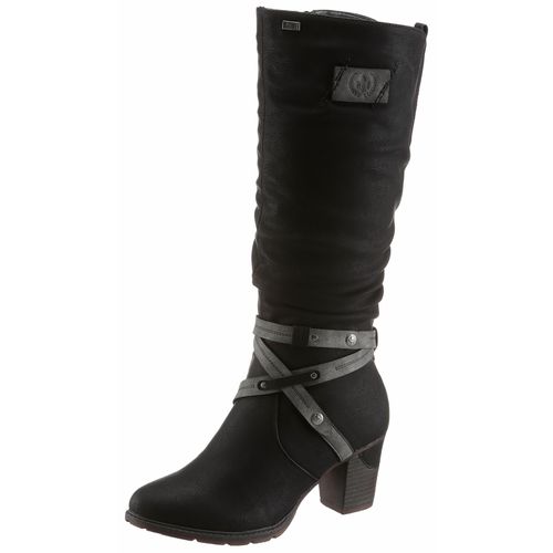 Winterstiefel RIEKER, Damen, Gr. 41 (7/7,5), Normalschaft, schwarz, Nubuklederimitat, kontrastfarbene Details, elegant, Schuhe, Blockabsatz, Rieker TEX-Membran, mit stylischem Zierriemchen