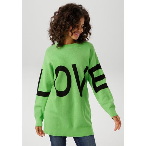 Strickpullover ANISTON CASUAL, Damen, Gr. 44, schwarz (apfelgrün, schwarz), Strick, Obermaterial: 100% Baumwolle, unifarben mit Farbeinsatz, casual, oversize Po-bedeckend, Rundhals, Langarm Strickbündchen, Pullover, mit eingestricktem LOVE-Schriftzug - NEUE KOLLEKTION