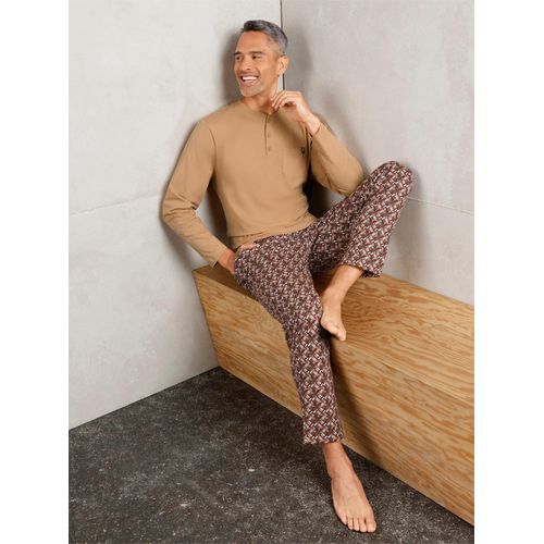 Schlafanzug WÄSCHEPUR, Herren, Gr. 56/58, braun (camel, schoko, bedruckt), 100% Baumwolle, Homewear-Sets