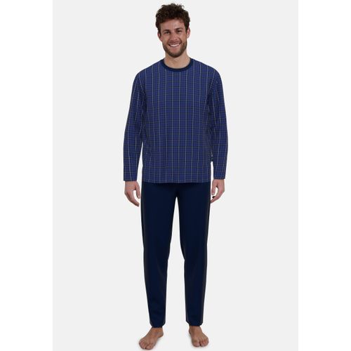 Schlafanzug GÖTZBURG, Herren, Gr. 50, blau (blau, dunkel, karo), Single Jersey, Obermaterial: 100% Baumwolle, kariert, bedruckt, casual, bequem lang, Rundhals, Langarm, Homewear-Sets, mit modernem Designkonzept