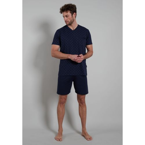 Shorty BUGATTI, Herren, Gr. 48, blau (blau, dunkel, allover), Single Jersey, Obermaterial: 60% Baumwolle, 40% Polyester, gemustert, unifarben, casual, Basic ca. Mitte Oberschenkel, V-Ausschnitt, Kurzarm, Homewear-Sets, mit modischem V-Ausschnitt