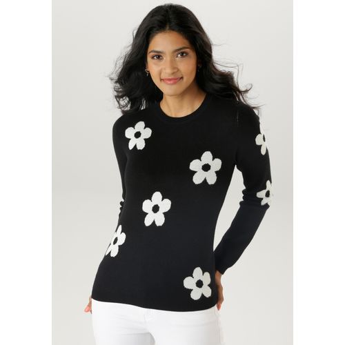 Strickpullover ANISTON SELECTED, Damen, Gr. 48, schwarz-weiß (schwarz, weiß), Strick, Feinstrick, Obermaterial: 50% Viskose, 26% Polyamid, 24% Polyester, geblümt, modisch, figurumspielend hüftlang, Rundhals, Langarm Rippstrickbündchen, Pullover, mit eingestricktem Blumenmuster allover - NEUE KOLLKTION