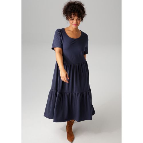 Sommerkleid ANISTON PLUS, Damen, Gr. 46, N-Gr, blau (marine), Single Jersey, Obermaterial: 95% Baumwolle, 5% Elasthan, unifarben, casual, figurumspielend wadenlang, Rundhals, Kurzarm, Kleider, aus elastischer Jersey-Qualität- NEUE KOLLEKTION