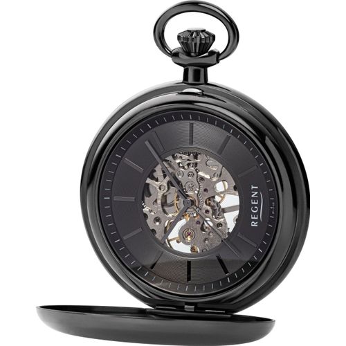 Taschenuhr REGENT, schwarz, Taschenuhren, Herren, Herrenuhr, Handaufzug, Kette, offene Unruh