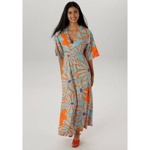 Maxikleid ANISTON SELECTED, Damen, Gr. 48, N-Gr, bunt (hellbau, orange, lila), Single Jersey, Obermaterial: 95% Viskose, 5% Elasthan, geblümt, gemustert, bedruckt, modisch, lässig geschnitten lang, V-Ausschnitt, 3/4-Ärmel weit, Kleider, mit weiten, 3/4-langen Ärmeln - NEUE KOLLEKTION