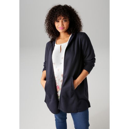 Sweatjacke ANISTON PLUS, Damen, Gr. 54, blau (marine), Sweatware, Obermaterial: 86% Polyester, 14% Baumwolle, unifarben, casual, figurumspielend ca. Mitte Oberschenkel, Langarm, Sweatjacken, mit Kapuze - NEUE KOLLEKTION