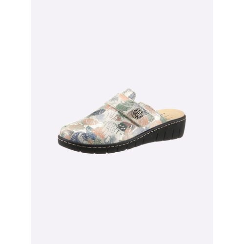 Clog BELVIDA, Damen, Gr. 37, bunt (oliv, bedruckt), Veloursleder, Basic, Schuhe Clog Hausschuh Pantoffeln
