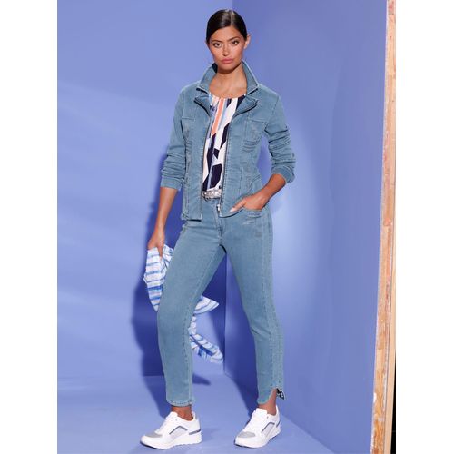 Jeansjacke CREATION L, Damen, Gr. 46, blau (blau, bleached), 56% Baumwolle, 19% Polyester, 14% Lyocell, 10% Viskose, 1% Elasthan, unifarben, Langarm, Jacken