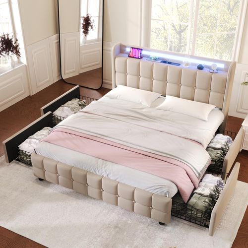 Polsterbett mit USB & LED, holzerner Lattenrost, 4 Schubladen,Ohne Matratze, Beige, 160x200cm