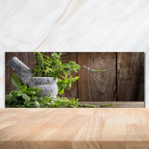 Tulup® Küchenrückwand Spritzschutz aus Glas -125x50 -Spritzschutz auf gehärtetes Glas Essen & Getränke Kräuter in Mörser