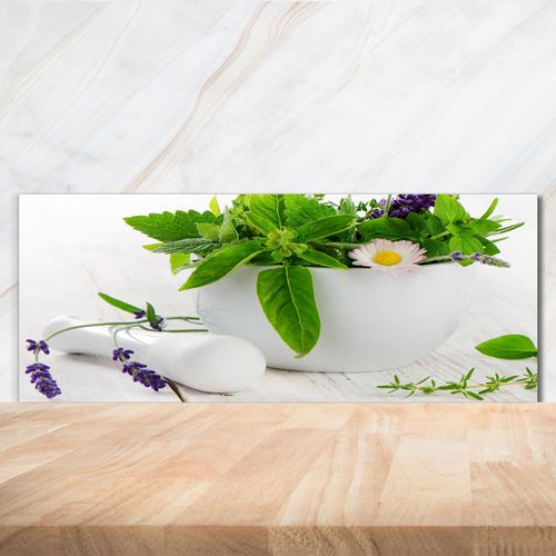 Tulup® Küchenrückwand Spritzschutz aus Glas -125x50 -Spritzschutz auf gehärtetes Glas Deko Essen & Getränke Mörser Kräuter