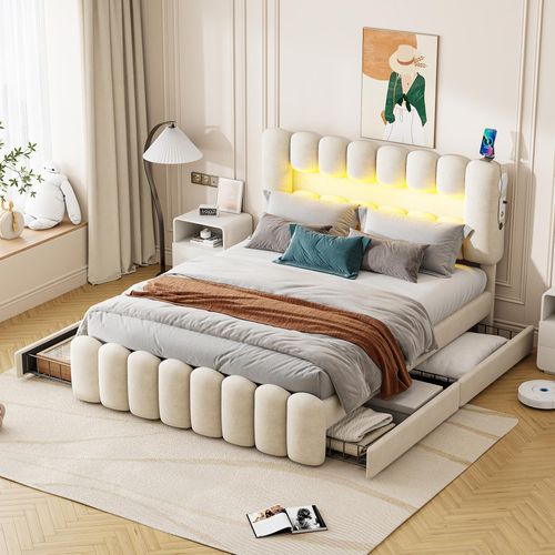 MODFU Polsterbett Funktionelles 160 x 200 cm mit LED-Lichtleiste mit USB und Stereoanlage, Doppelbett Stauraumbett mit 4 Schubladen, Samt Beige(Ohne Matratze)