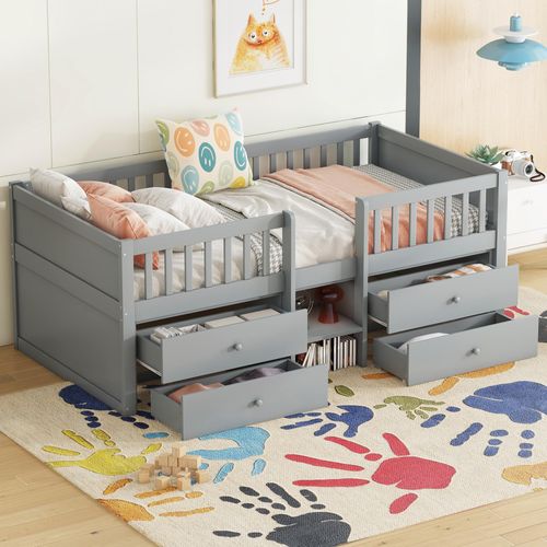 STILVORA Kinderbett 90x200 Ohne Matratze Holzbett Jugendbett Einzelbett mit 4 Schubladen,Geländer und Leiter,Halbhohes Bett mit Rausfallschutz,Grau