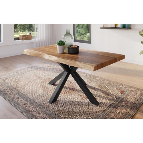 Esstisch 140 x 80 cm Akazie massiv natur Baumkantentisch Spider-Gestell schwarz ATLAS