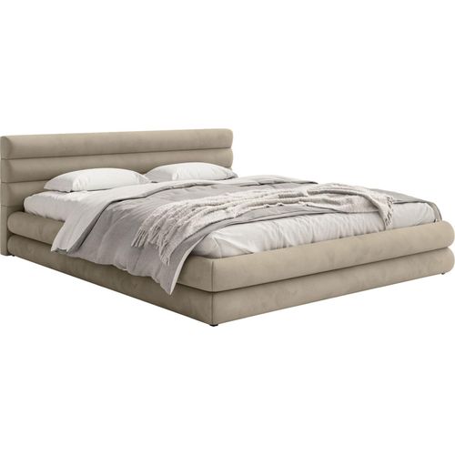 Selsey ALEGRE – Polsterbett mit wasserfestem Samtbezug und Stauraum, Greige, 140x200 cm