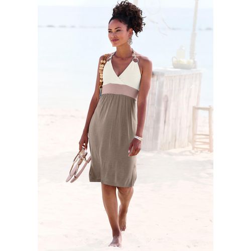 Strandkleid BEACHTIME, Damen, Gr. 34, N-Gr, rosa (creme, taupe, rose), Jersey, Obermaterial: 100% Viskose, colorblocking, feminin, figurbetont kniefrei, V-Ausschnitt, ohne Ärmel, Kleider, mit Color-Blocking-Optik, Neckholderkleid, Minikleid