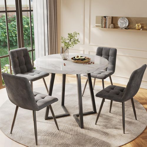 Sweiko Esstisch-Set (5-teilig), modernes Esstisch-Set (mit 4 Stühlen), Küchen-Esstisch-Set, runder Küchentisch mit 80 cm Durchmesser und schwarzen Metallbeinen, weiße MDF-Platte, dunkelgraue Samtstühle