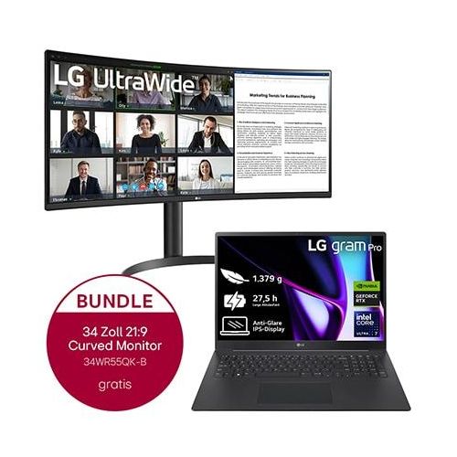 LG gram Pro 17" Windows Notebook Intel Core Ultra 7, 32GB LPDDR5 RAM, 2TB SSD, NVIDIA RTX 3050, Windows 11, 16:10 IPSDisplay + 34" Curved UltraWide