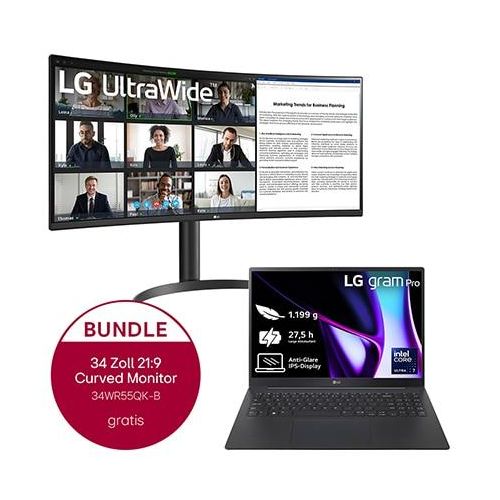 LG gram Pro 16" Windows Notebook Intel Core Ultra 7, 32GB RAM, 2TB SSD, Windows 11, 16:10 IPSDisplay + 34" Curved UltraWide QHDBildschirm mit USBTyp