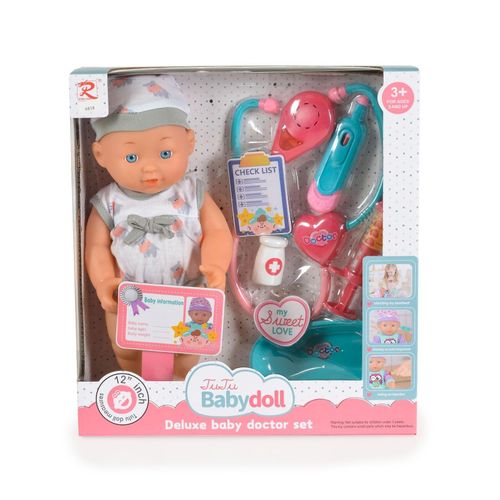 Moni Kinderpuppe 31 cm Stethoskop, Arztzubehör, Arztausweis, mit Geräuschen grau