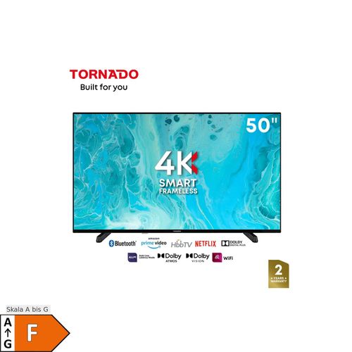 Tornado LINUX Smart TV 50 Zoll 4K Ultra HD, Rahmenlos, mit integriertem Receiver
