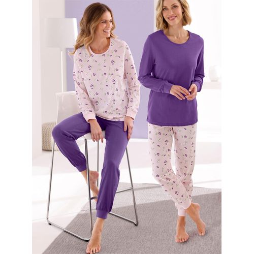 Schlafanzug WÄSCHEPUR, Damen, Gr. 52/54, bunt (rosé, lila, bedruckt, lila), 100% Baumwolle, Homewear-Sets