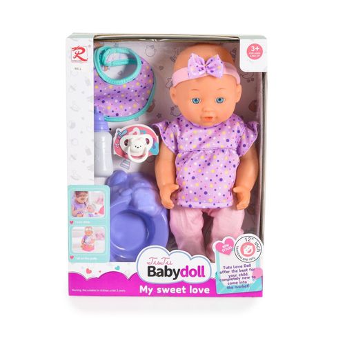 Moni Kinderpuppe 31 cm Töpfchen, Schnuller, Trinkflasche, Lätzchen, Kleidung lila