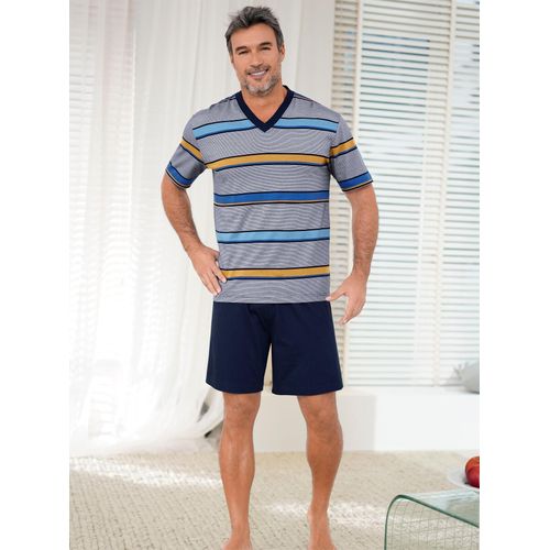 Schlafanzug WÄSCHEPUR, Herren, Gr. 52/54, bunt (marine, gelb, gestreift), 100% Baumwolle, Kurzarm, Homewear-Sets