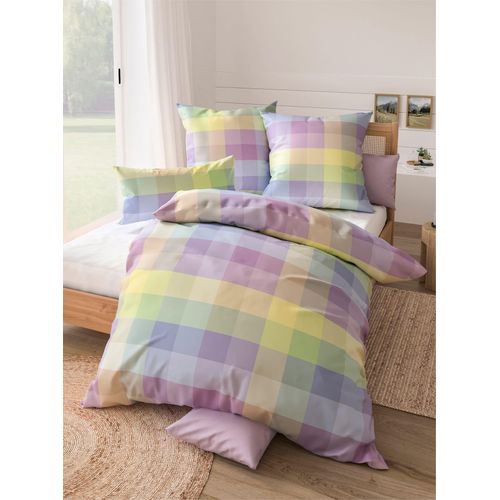 Bettwäsche WÄSCHEPUR Gr. 1, bunt (rosé, bleu, kariert), B/L: 135cm x 200cm, 2-teilige Garnitur St., 2-teilige Garnitur St., Feinbiber, B/L: 80cm x 80cm, Feinbiber, 100% Baumwolle, Bettwäsche