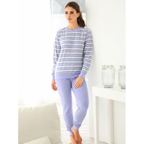 Schlafanzug, Damen, Gr. 40/42, lila (flieder, geringelt), Oberteil: 55% BW, 45% Polyester% 2 Teile mit untersch. Material, 80% Baumwolle, 20% Polyester, Langarm, Homewear-Sets