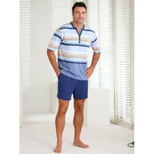 Schlafanzug HAJO, Herren, Gr. 56/58, blau (blau, gestreift), 62% Baumwolle, 38% Polyester, Kurzarm, Homewear-Sets