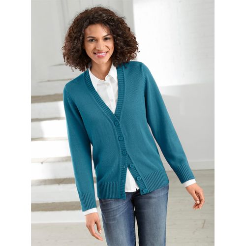 Strickjacke CASUAL LOOKS, Damen, Gr. 36, blau (petrol), 50% Baumwolle, 50% Polyacryl, unifarben, figurumspielend, Langarm, Strickjacken