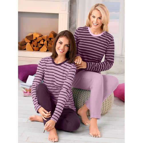 Schlafanzug WÄSCHEPUR, Damen, Gr. 40/42, bunt (rosé, geringelt, lila, geringelt), 100% Baumwolle, Langarm, Homewear-Sets