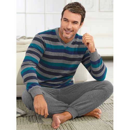 Schlafanzug WÄSCHEPUR, Herren, Gr. 56/58, grau (grau, geringelt), 80% Baumwolle, 20% Polyester, Langarm, Homewear-Sets