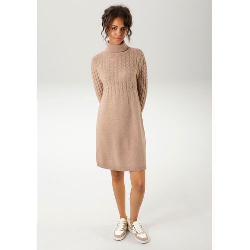 Strickkleid ANISTON CASUAL, Damen, Gr. 40, N-Gr, braun (camelfarben), Feinstrick, Obermaterial: 50% Viskose, 28% Polyester, 22% Polyamid, meliert, unifarben, feminin, figurumspielend kniefrei, Langarm Rippstrickbündchen, Kleider, mit Zopfmuster im Oberteil und den langen Ärmeln