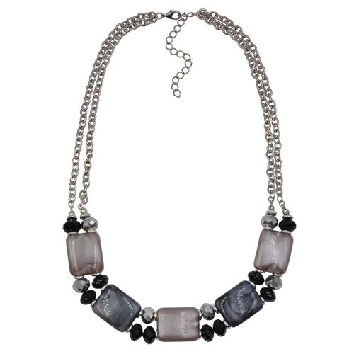 Steuer Modeschmuck Collier silberfarben doppel reihig Zierelemente lila blau schwarz silber