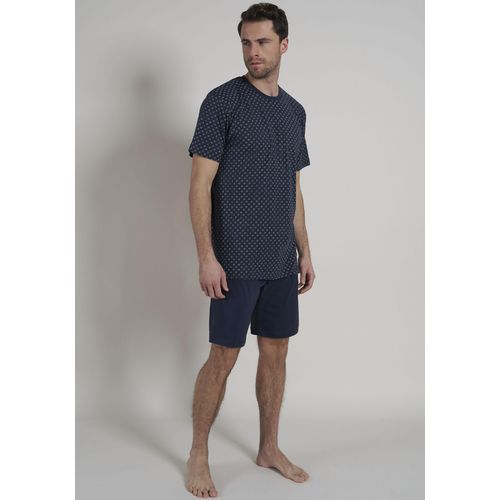 Shorty BUGATTI, Herren, Gr. 54, blau (blau, dunkel, allover), Single Jersey, Obermaterial: 100% Baumwolle, gemustert, casual, schmal, Rundhals, Kurzarm, Homewear-Sets, mit angenehmen Tragegefühl