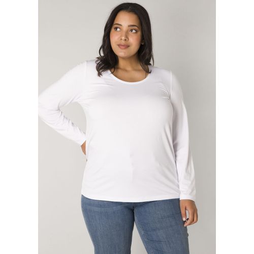 Langarmshirt BASE LEVEL CURVY, Damen, Gr. 46, weiß, Obermaterial: 96% Viskose, 4% Elasthan, casual, regular fit, Rundhals, Langarm, Shirts, mit Rundhalsausschnitt