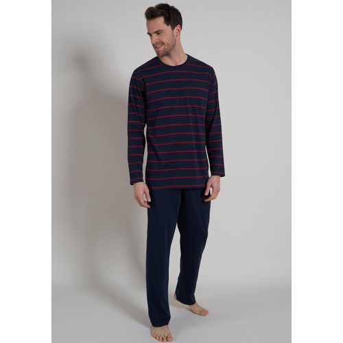 Pyjama BUGATTI, Herren, Gr. 56, rot (rot, dunkel, ringel), Single Jersey, Obermaterial: 60% Baumwolle, 40% Polyester, gemustert, gestreift, klassisch, schmal lang, Rundhals, Langarm, Homewear-Sets, mit modischem V-Ausschnitt