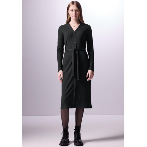 Midikleid STREET ONE STUDIO, Damen, Gr. 42, EURO-Größen, schwarz, Web, Obermaterial: 48% Baumwolle, 47% Polyester, 5% Elasthan; Gürtel: 48% Baumwolle, 48% Polyester, 4% Elasthan, unifarben, casual, normal wadenlang, V-Ausschnitt, Langarm Bündchen, Kleider, mit Knopfleiste