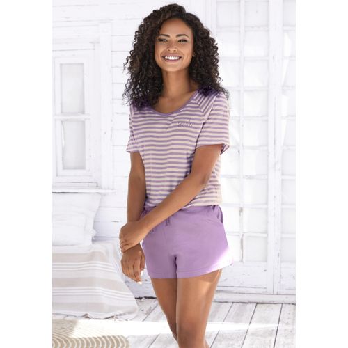 Shorty VIVANCE DREAMS, Damen, Gr. 52/54, lila, Single Jersey, Obermaterial: 100% Baumwolle, gestreift, bestickt, casual, bequem kurz, Rundhals, Kurzarm Raglanärmel, Homewear-Sets, mit schönem Streifenmuster
