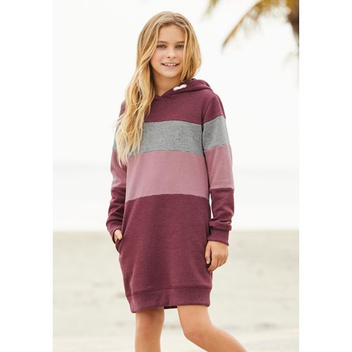 Sweatkleid KIDSWORLD, Mädchen, Gr. 164/170, N-Gr, bunt (bordeaux, rosa), Sweatware, Obermaterial: 60% Baumwolle, 40% Polyester. Einsatz: 85% Baumwolle, 15% Viskose, mehrfarbig, unifarben mit Farbeinsätzen, modisch, tailliert ca. Mitte Oberschenkel, Langarm Bündchen, Kleider, lang, sportliches Streifendesign, aus Baumwollmischung, Langarm